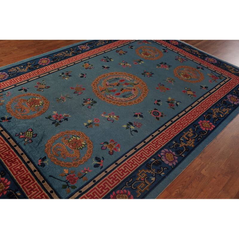 Vegetable Dye Blue Art Deco Chinese Vintage Handmade Wool Carpet - 6'5" x 9'7"