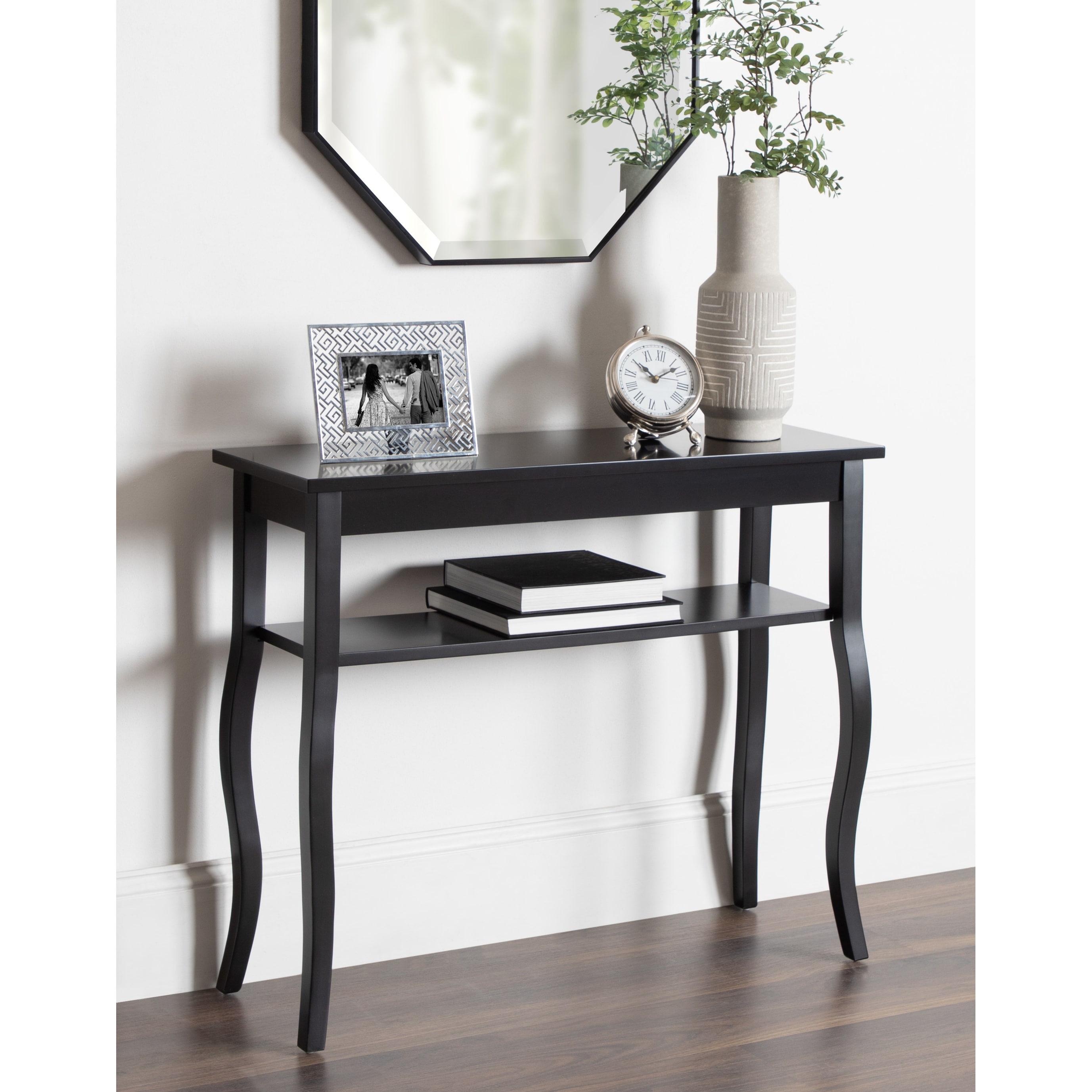 Black Kate and Laurel Lillian Wood Half Moon Console Table Curved Legs with Shelf