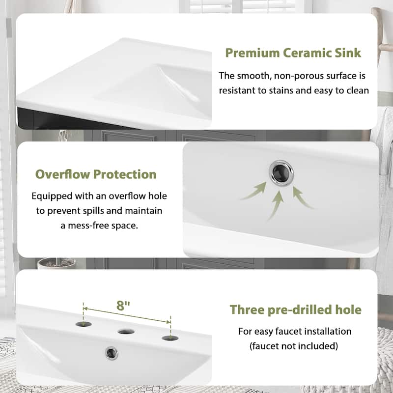 30 Inch Bathroom Vanity with Ceramic Sink, 3 Soft Close Drawers, Adjustable Shelf and Solid Wood Frame