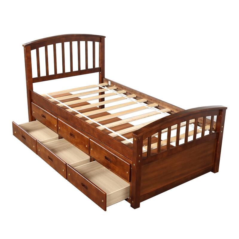 Twin Size Solid Wood Platform Storage Bed with 6 Drawers