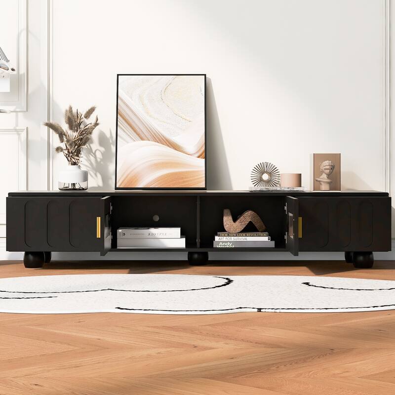 Roomfitters Modern TV Stand for up to 80 Inch TV, Storage Cabinet with Glass Door, Wood Legs and Metal Handles, Black