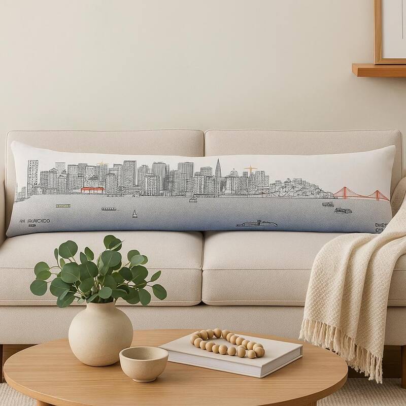 HomeRoots 14" X 46" Cream San Francisco Daylight Skyline Lumbar Decorative Pillow