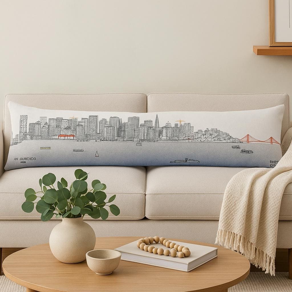 HomeRoots 14" X 46" Cream San Francisco Daylight Skyline Lumbar Decorative Pillow