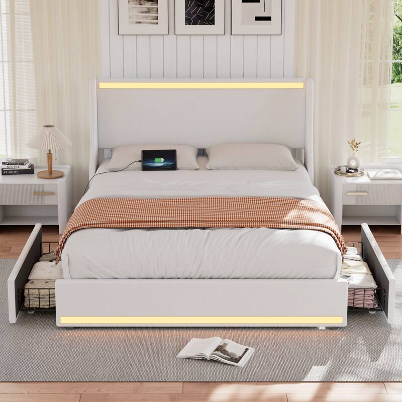 Upholstered LED Bed Frame with 2 Storage Drawers and Wingback Headboard Linen Fabric Platform Bed with Charing Station