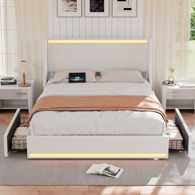 VECELO Modern LED Upholstered Platform Bed Frame with 2 Storage Drawers, USB & Type-C Ports, Full/Queen Size Bed