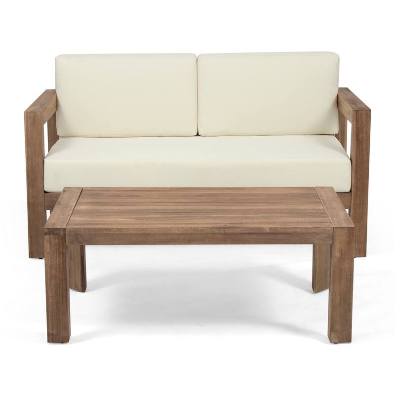 Outdoor Loveseat and Coffee Table Set, Beige Fabric, Brown Acacia Wood