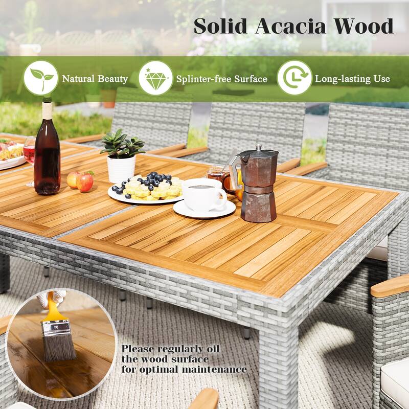 Gymax 9 Pieces Patio PE Wicker Dining Set Outdoor Acacia Wood Table &