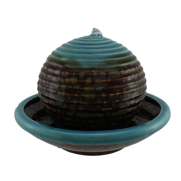 Burnt Stained Blue Porcelain Floating Ball in Bowl Tabletop Fountain - 8.5 X 12 X 12 inches