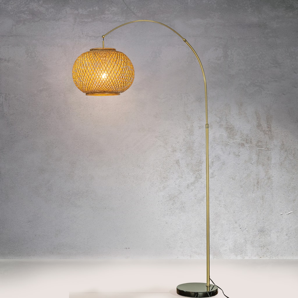 CraftHome 75" 1-Light Natural Bamboo Arc Floor Lamp with Black Marble Base