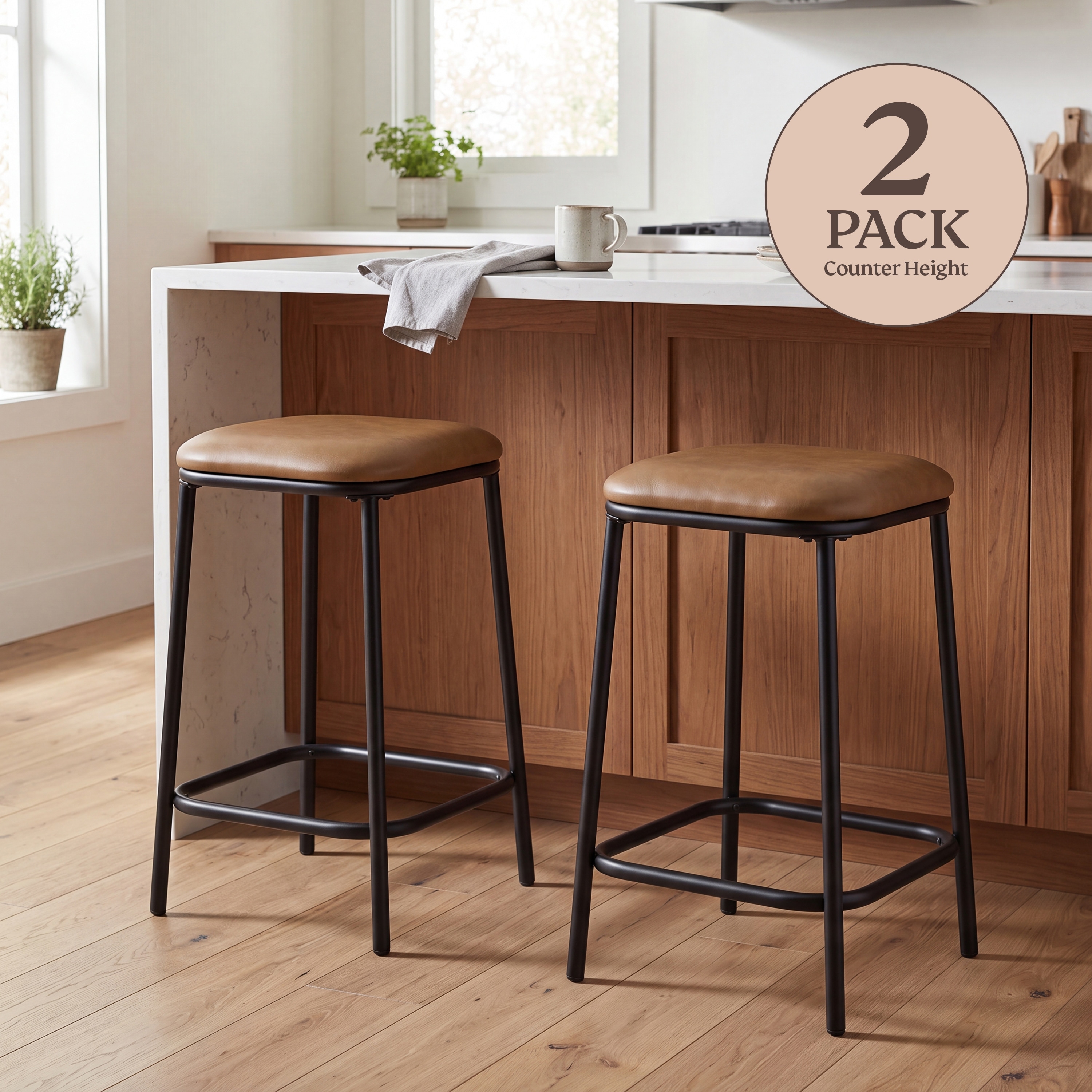 Bower Home Backless Faux Leather Upholstered Square Stool (Set of 2)