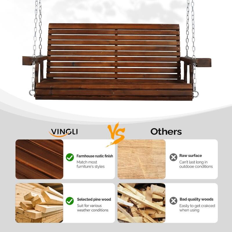 Upgraded 2-Person Wood Porch Swing with Cup Holders and Chains - N/A