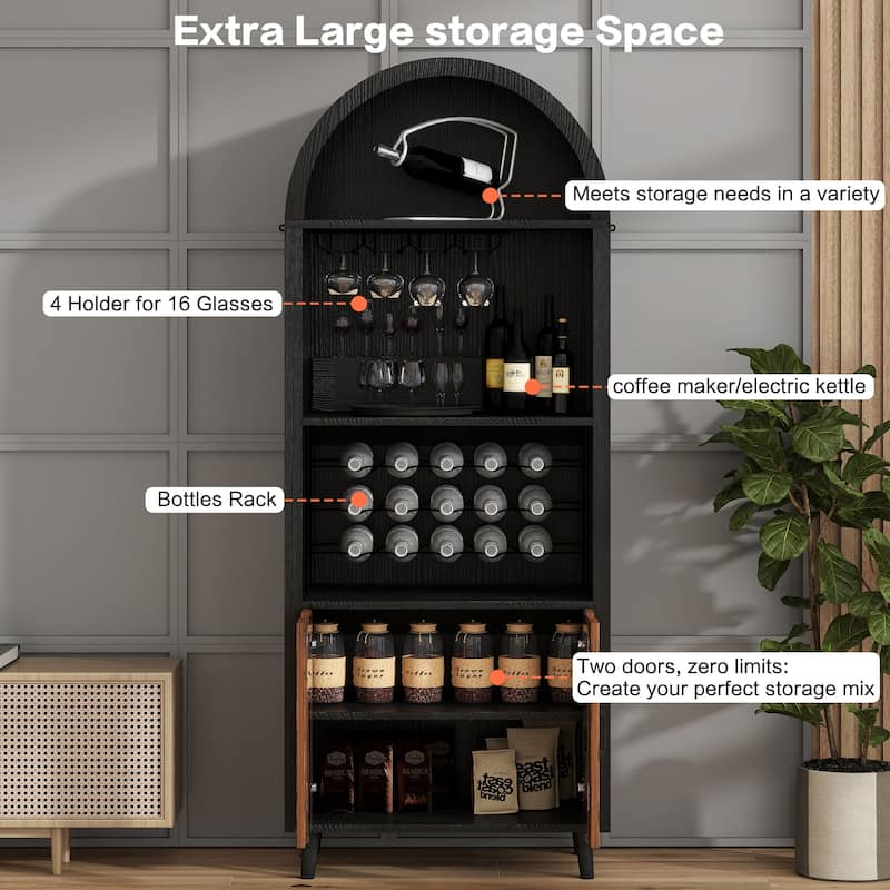 71"Farmhouse Arched Wine Bar Cabinet, Arch Cabinets &Coffee Bar, Whiskey Station With Wine Rack And Wine Glass Holder