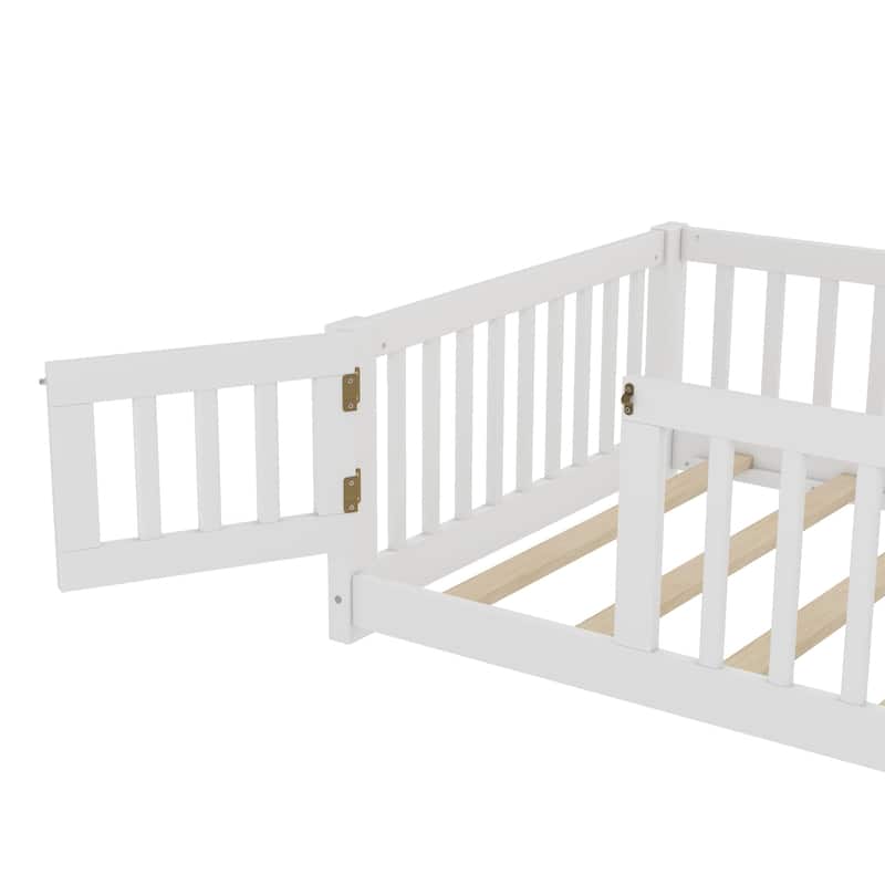 Montessori Toddler Floor Bed with Fence and Switchable Door, Low Profile Bed Frame with Removable Slats, Safe Transition Bed