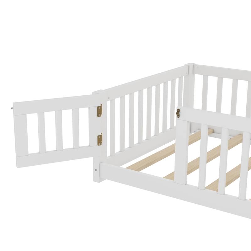 Twin Size Bed Floor Bed w/ Safety Guardrails & Door for Kids - White