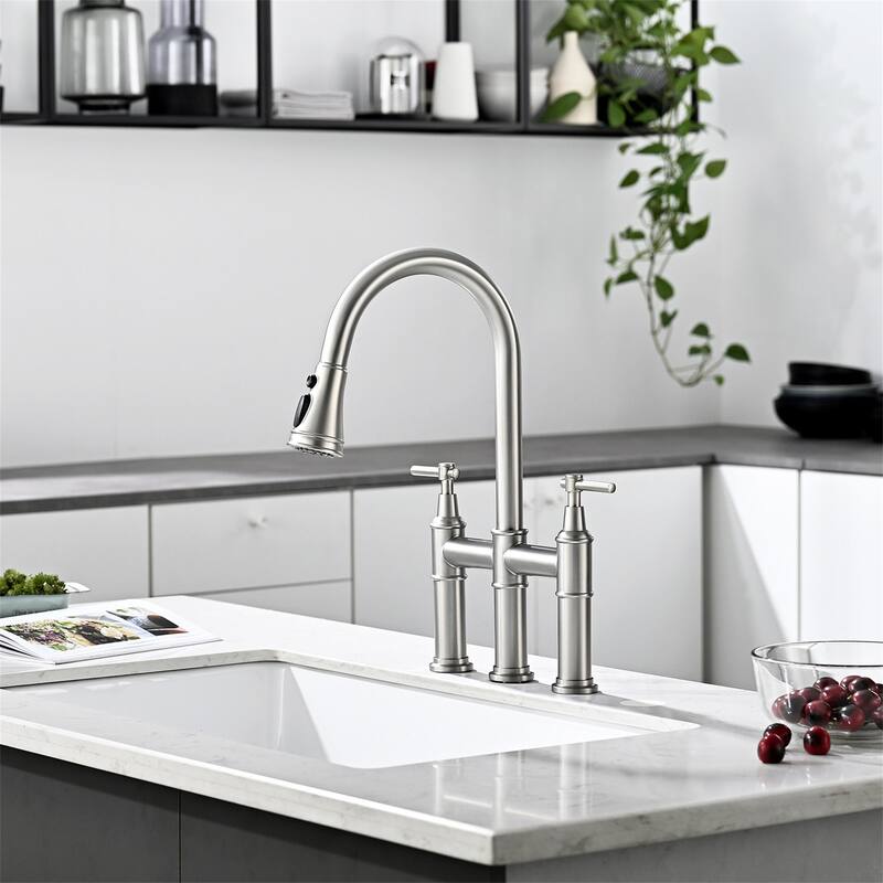Bridge Kitchen Faucet with Pull Down Sprayer Modern Stainless Steel 3 Hole Pull Down Kitchen Sink Faucets Brushed Nickel