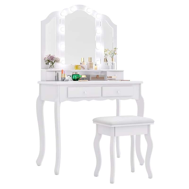 Modern Vanity Desk＆Cushioned Stool Dressing Table Set w/ Mirror - White