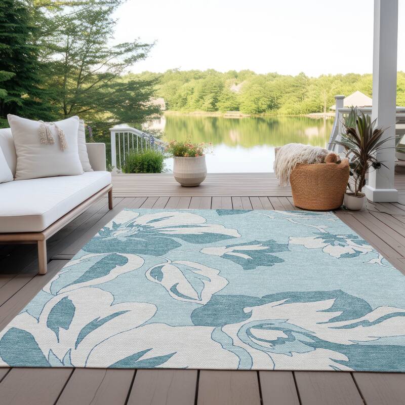 Machine Washable Indoor/ Outdoor Chantille Floral Contemporary Rug - Teal - 8' x 10'
