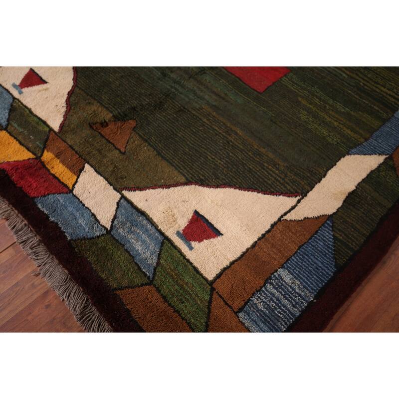 Green Geometric Gabbeh Persian Area Rug Hand-Knotted Wool Carpet - 6'5"x 10'2"