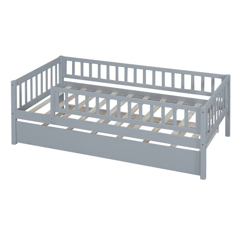 Twin Size Wood Daybed with Pull-Out Trundle and Safety Guardrails in Gray