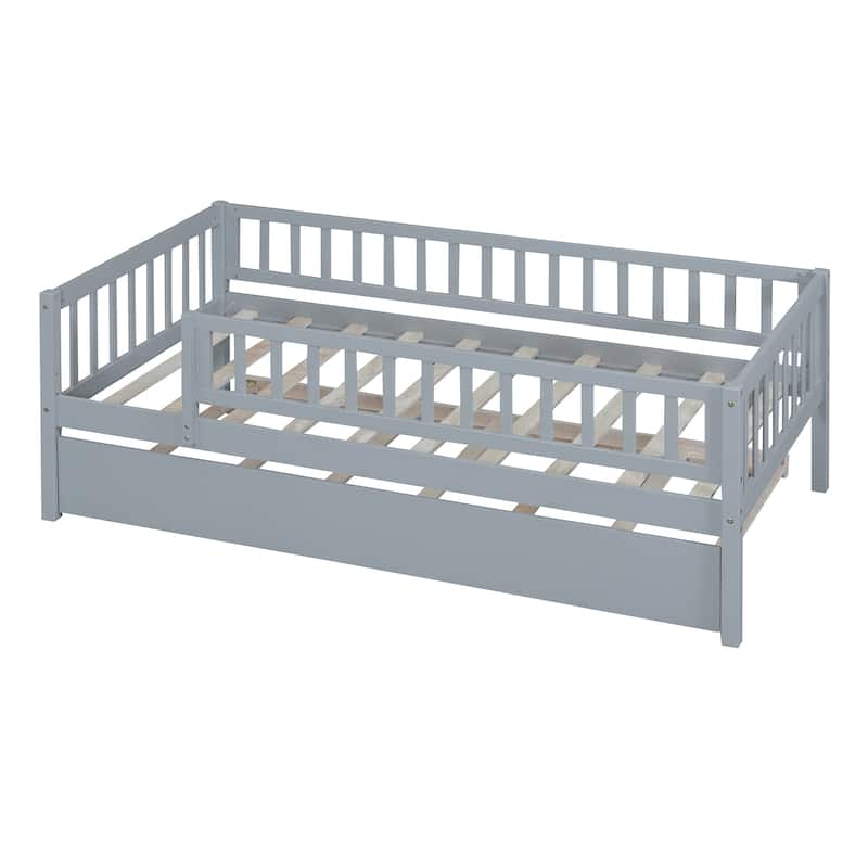 Twin Size Wood Daybed with Trundle and Fence Guardrails