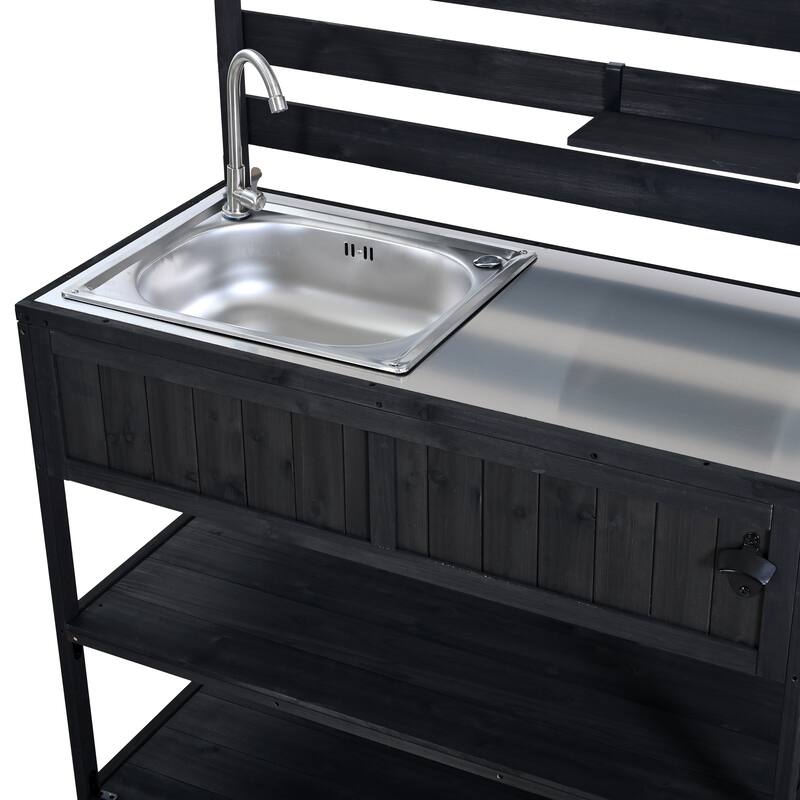 41.7'' Rolling Outdoor Kitchen Island, Solid Wood Kitchen Cart with Sink and Stainless Table Top