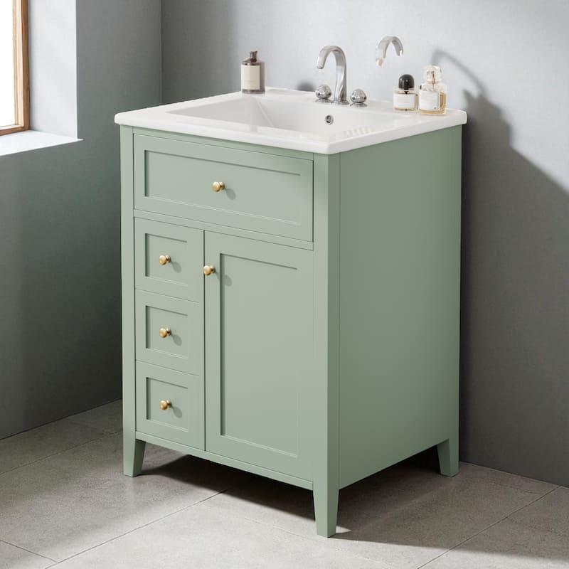 24" Bathroom Vanity with Sink, MDF & Rubberwood, 3 Drawers and Cabinet with Adjustable Shelves, Modern Freestanding Design - Green