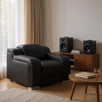 HomeRoots 41" Black Italian Leather Wall Hugger Recliner With USB