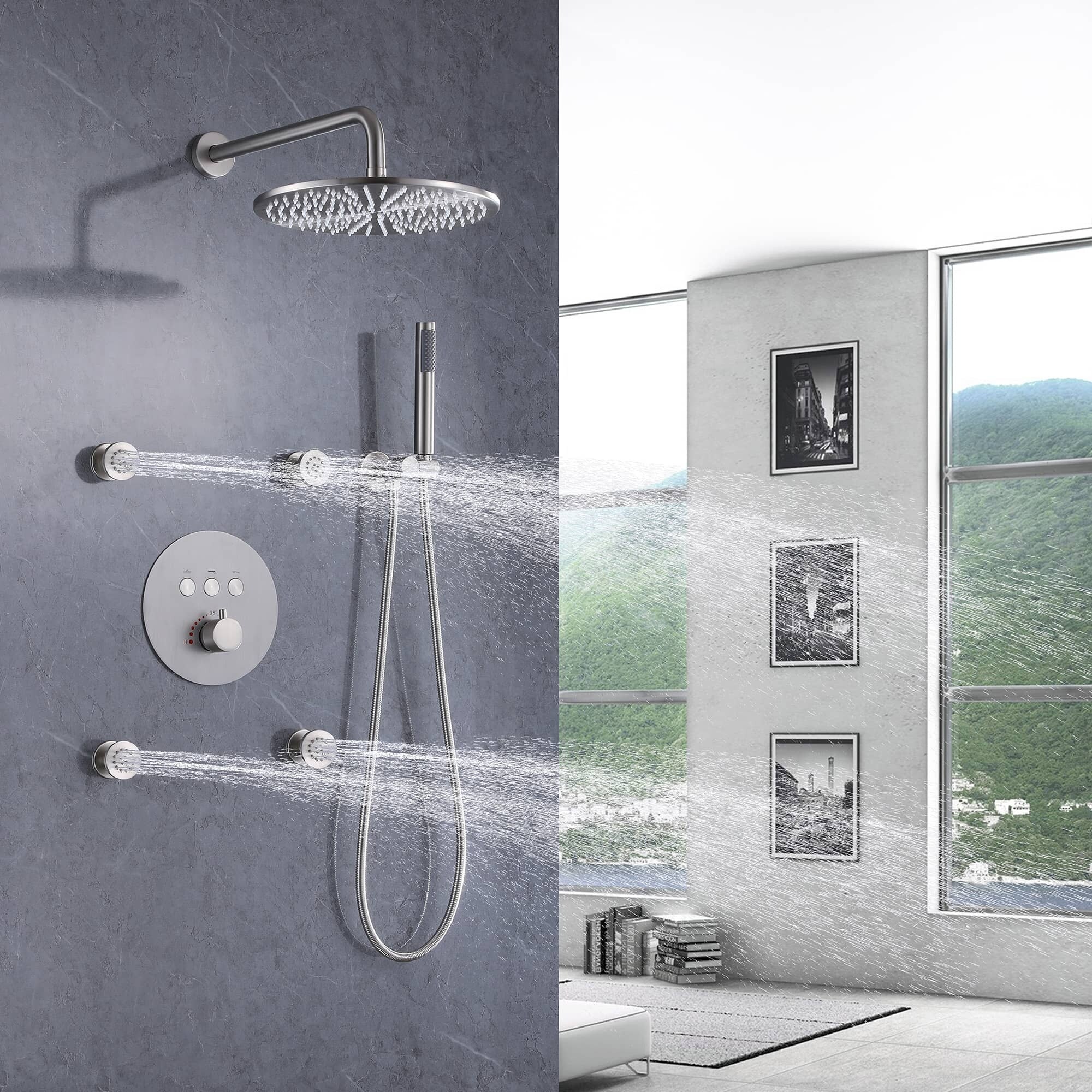 Wall-Mounted Thermostatic Multi-Function Shower System with Rough-in Valve  - Bed Bath & Beyond - 38049717