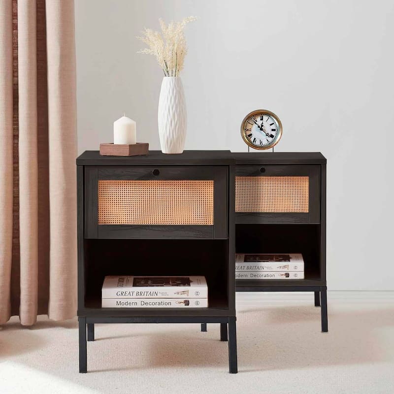 Nestl Wooden Rattan Night Stand - 2 PacK - Black - 1-drawer