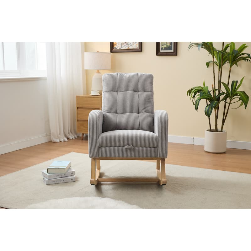 Accent Rocking Chair Rocking Chair with Solid Wood Legs, Upholstered Nursery Glider Rocker, Comfy Armchair with Side Pocket