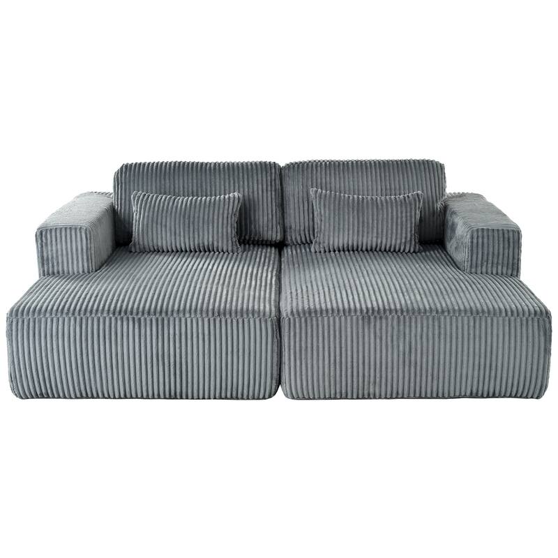 Oversized Double Chaise Lounge Sofa, Comfy Full-Compressed Sleeper Sofa Bed, Corduroy Upholstered Sofa Bed with 2 Pillows