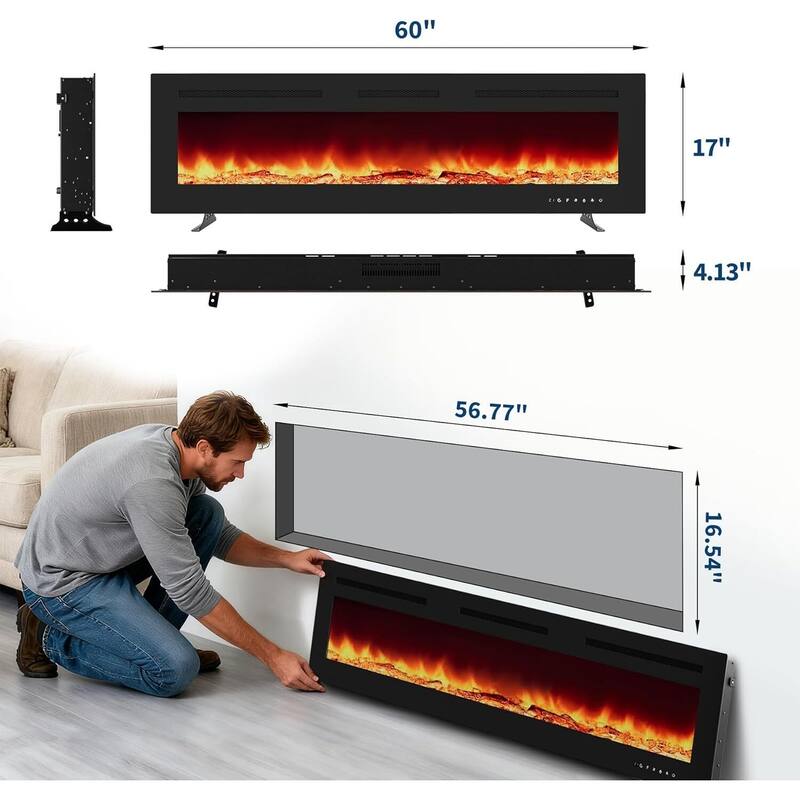 Wall Mount Electric Fireplace, Touch Screen and Remote Control, 12 Flame Colors
