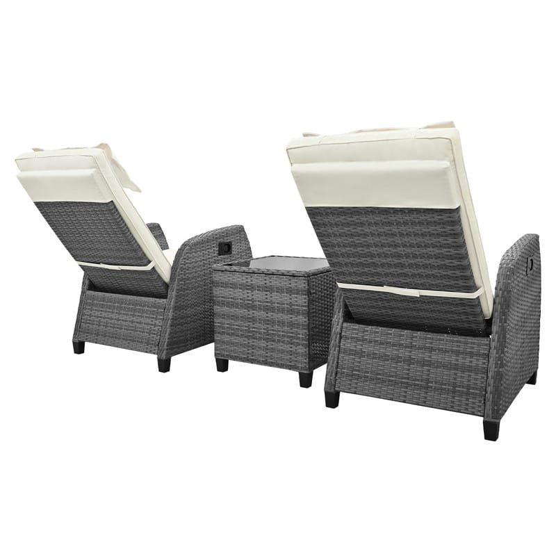 3 Piece Outdoor Rattan Two-person Recliner Chair set W/Coffee Table