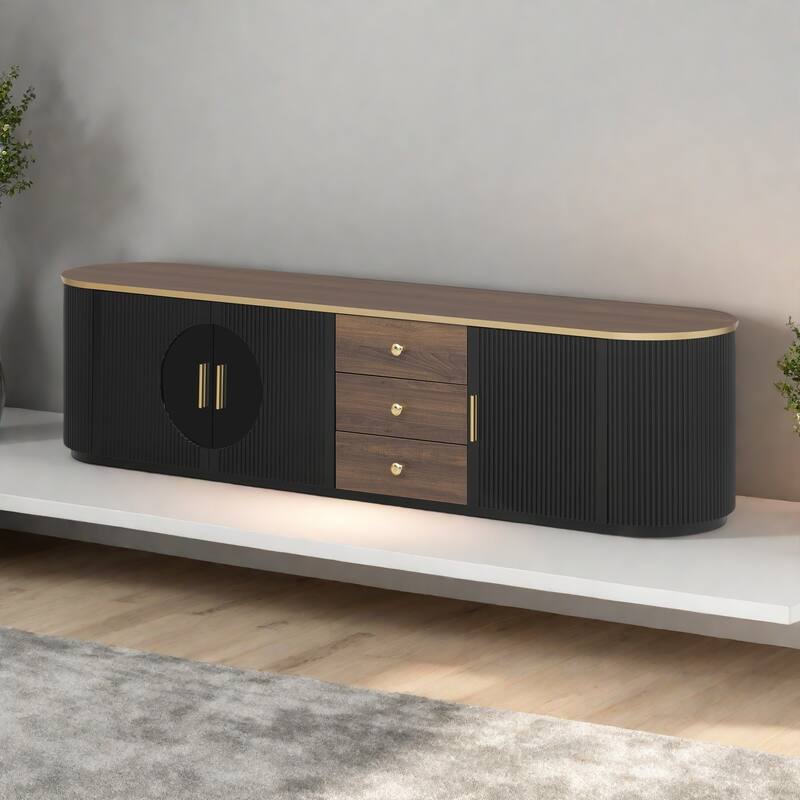 70.8" Luxe Woodgrain TV Stand with Gold Accents - 2 Glass-Front Cabinets and 3 Drawers, Cable Management - Black