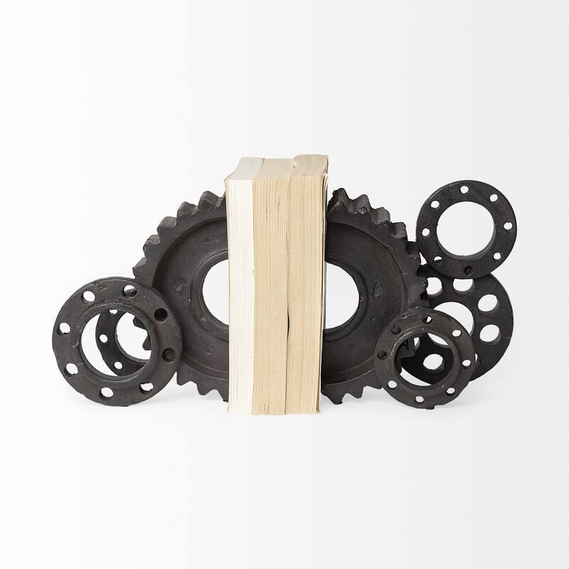 Matte Black Industrial Cogs Bookends - 8.0709" H x 4" W x 13.5827" D