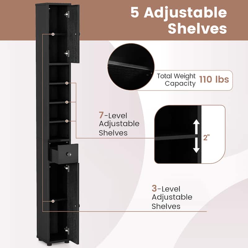 Gymax Tall Slim Bathroom Storage Cabinet Linen Tower w/Drawer