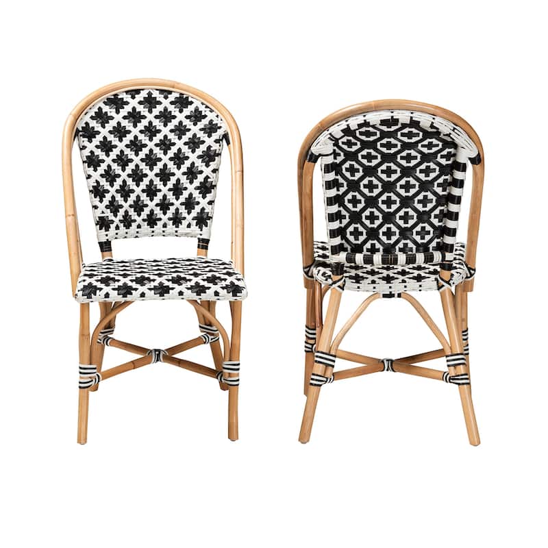 Ambre Modern French Black and White Weaving Natural Rattan 2-Piece Bistro Chair Set