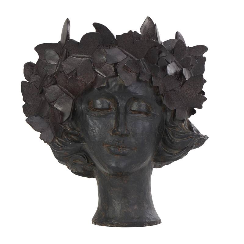 Resin Woman Head Indoor Outdoor Planter with Wide Opening and Butterfly Accents - Bronze - Roche River Decor