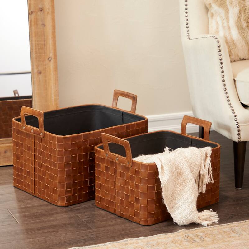 Sleek Leather Modern Storage Basket with Handles (Set of 2) - Dark Blue or Brown