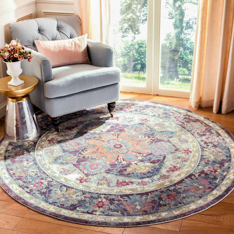SAFAVIEH Claremont Lieve Vintage Boho Oriental Polyester Rug - 6'7" Round - Blue/Purple