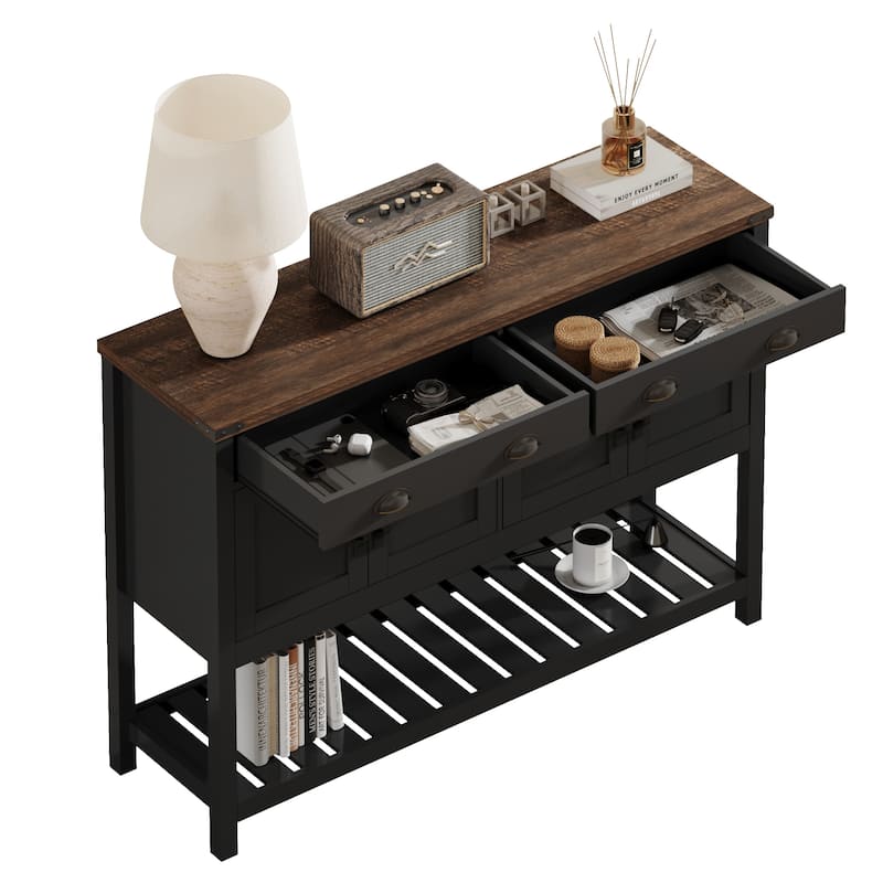 47'' Modern Farmhouse Console Storage Table - Two Drawers,Four-Door Cabinet with Slatted Display Shelf