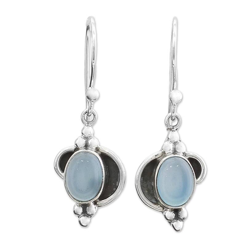 Handmade Sterling Silver 'Sky Charm' Chalcedony Dangle Earrings (India) - Chalcedony - Blue - White - Blue