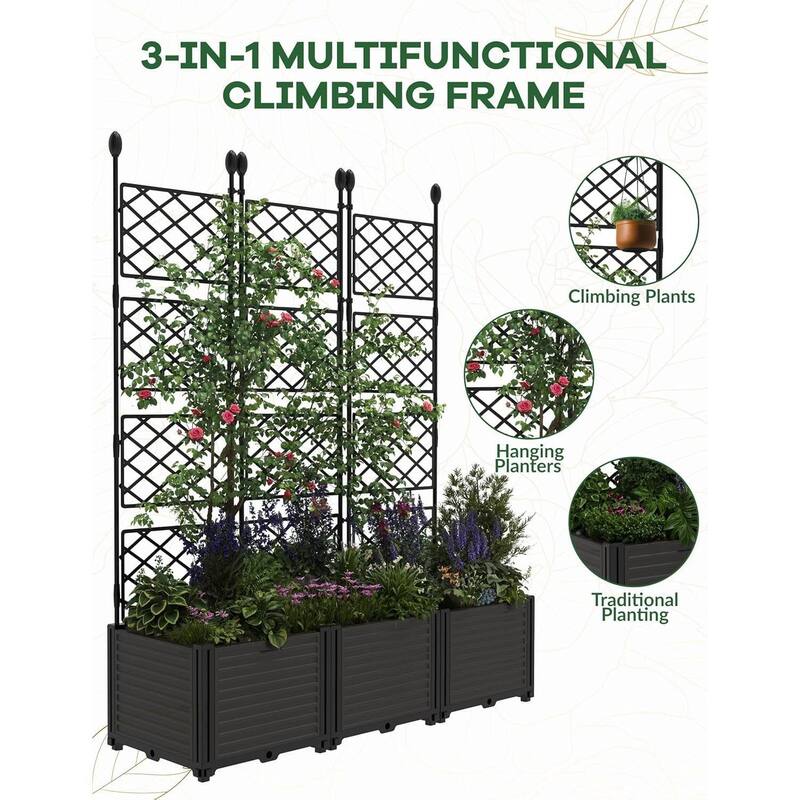 3 Compartment Raised Garden Bed with Trellis & Privacy Screen, Garden Planter Box