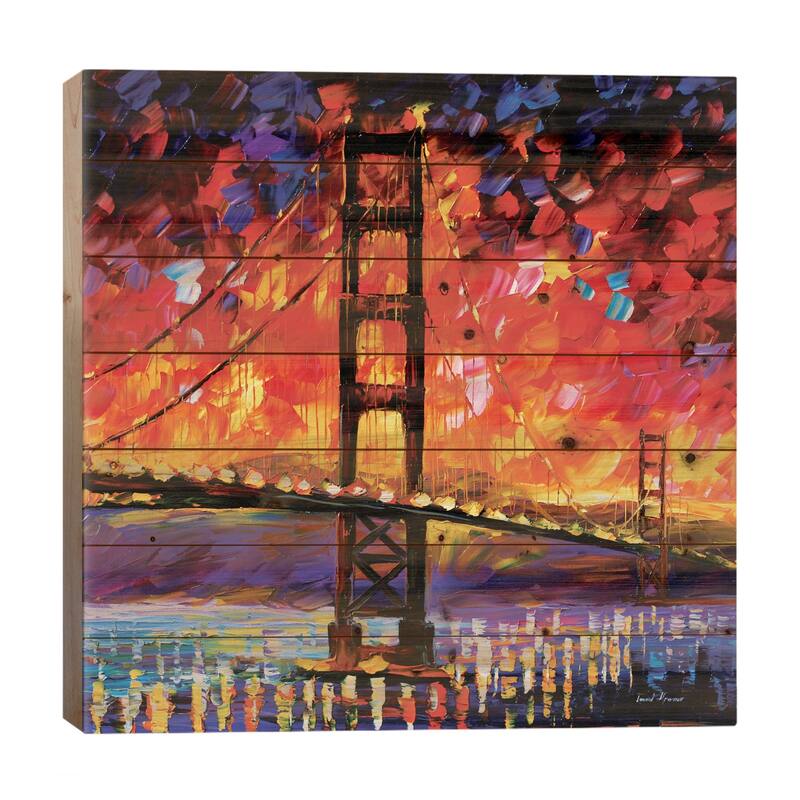 Golden Gate Bridge Print On Wood by Leonid Afremov - Multi-Color - 26x26x1.5