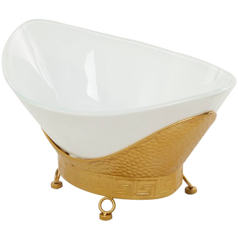 CosmoLiving by Cosmopolitan Glass Kitchen Serving Bowl with Gold or Brown Metal Stand and Ring Feet - Clear or White