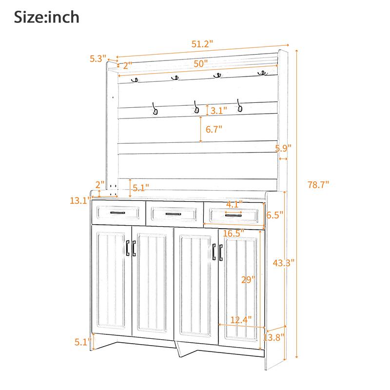 51.2" 4 Door Coat Rack with 3 Drawers,8 Shelves,Hooks and Handles