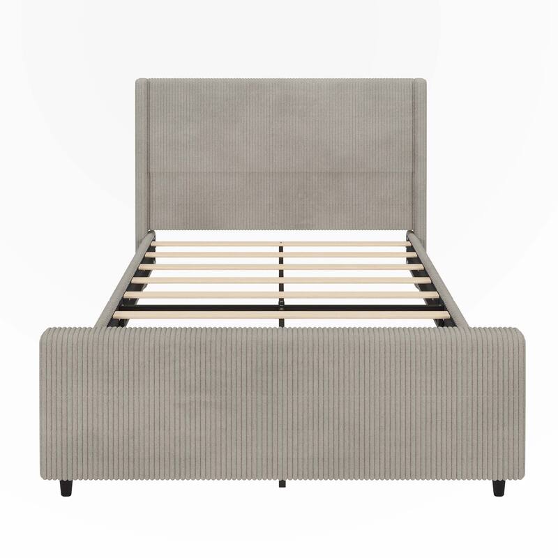 Corduroy Upholstered Bed Frame with Vertical Stripe Wingback and High Footboard