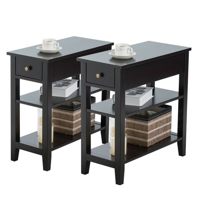 Gymax Set of 2 3-Tier Nightstand Bedside Side End Table w/Double - Black