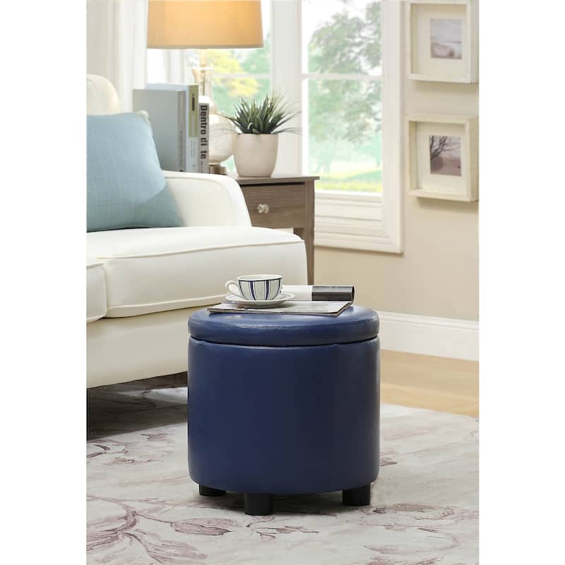 Elegant Round Accent Storage Ottoman with Reversible Tray Lid for Coffee Table Use and Versatile Room Décor