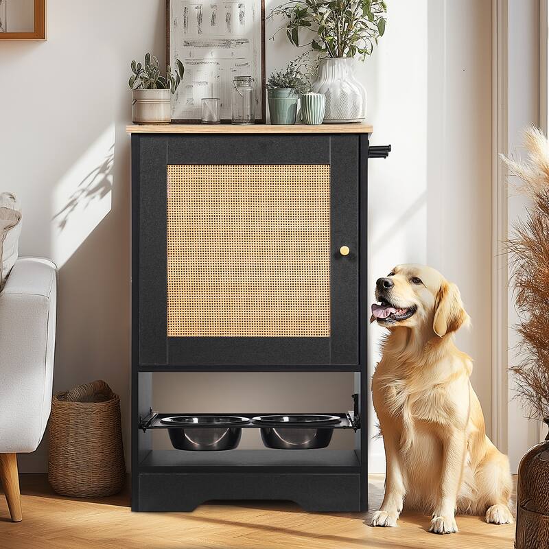 Feeding Station with 1 Storage Cabinets, Pet Feeding Station with 2 Elevated Dog Bowls, Side Hooks, Anti-tip Kit - Black+Vintage